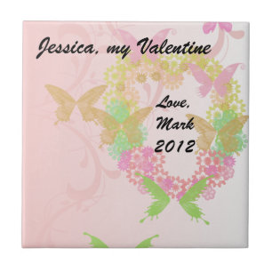 Valentine Tile with Floral Heart & Butterflies