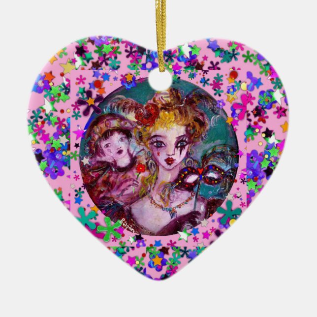 VALENTINE VENETIAN MASQUERADE MASKS AND CONFETTI CERAMIC TREE DECORATION (Front)
