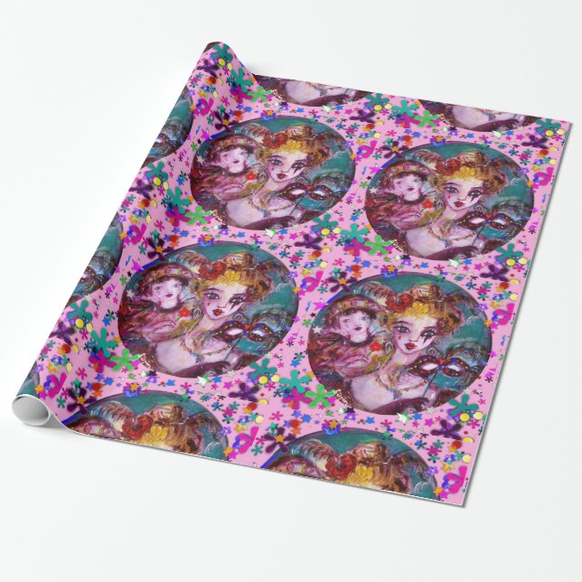 VALENTINE VENETIAN MASQUERADE MASKS AND CONFETTI WRAPPING PAPER (Unrolled)