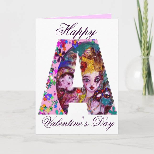 VALENTINE VENETIAN MASQUERADE MONOGRAM A LETTER HOLIDAY CARD (Front)