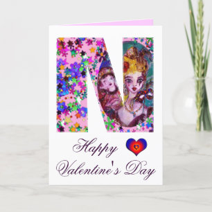 VALENTINE VENETIAN MASQUERADE MONOGRAM N LETTER HOLIDAY CARD