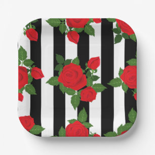 valentine vertical stripes red roses romantic paper plate