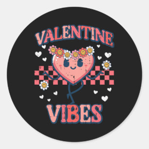 Valentine Vibes Heart Peace Retro Groovy Women Gir Classic Round Sticker