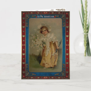 Valentine. Vintage girl with a bouquet of flowers. Holiday Card