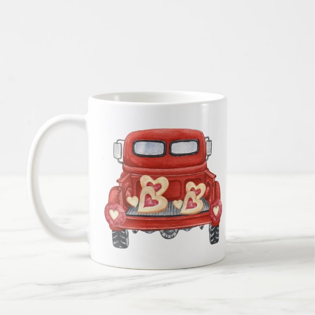 Valentine Vintage Red Truck Hearts Coffee Mug (Left)