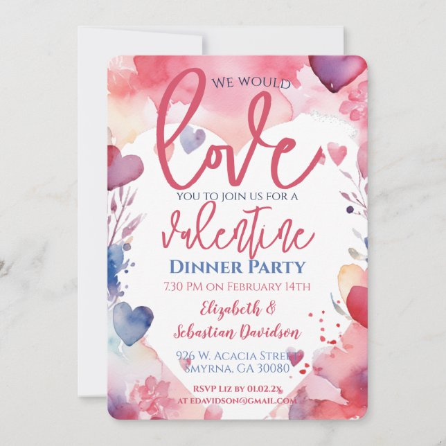 Valentine Watercolor Love Dinner Party Invitation (Front)