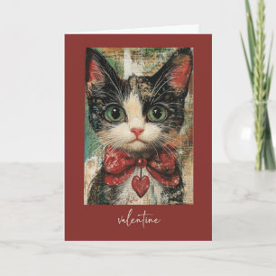 Valentine Whimsical Painterly Cat with Red Heart Card