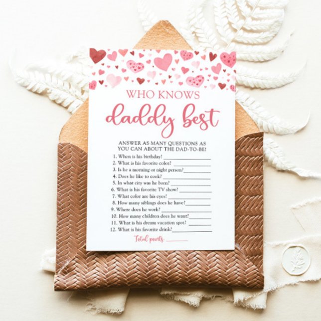 Valentine Who Knows Daddy Best Baby Shower Game Invitation (Watercolor Cute Pink Red Hearts Valentine Sweetheart Baby Girl Who Knows Daddy Best Baby Shower Game)