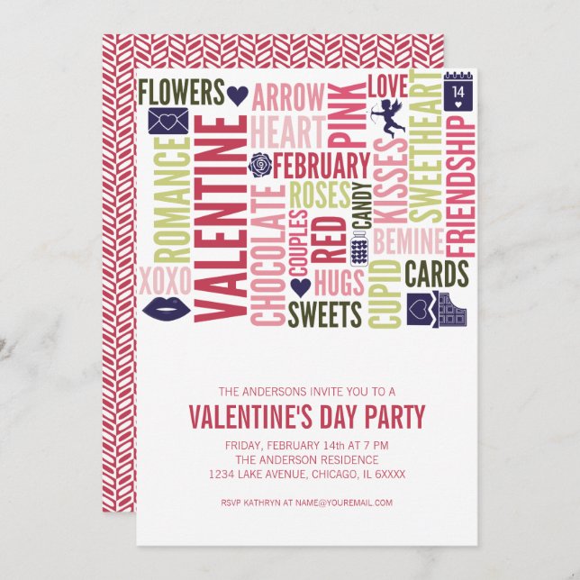 Valentine Words Valentine's Day Party Card (Front/Back)