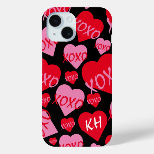 Valentine XOXO Heart Pink Red Pattern Black Name iPhone 15 Case