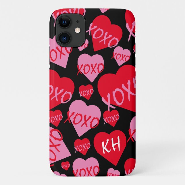 Valentine XOXO Heart Pink Red Pattern Black Name Case-Mate iPhone Case (Back)