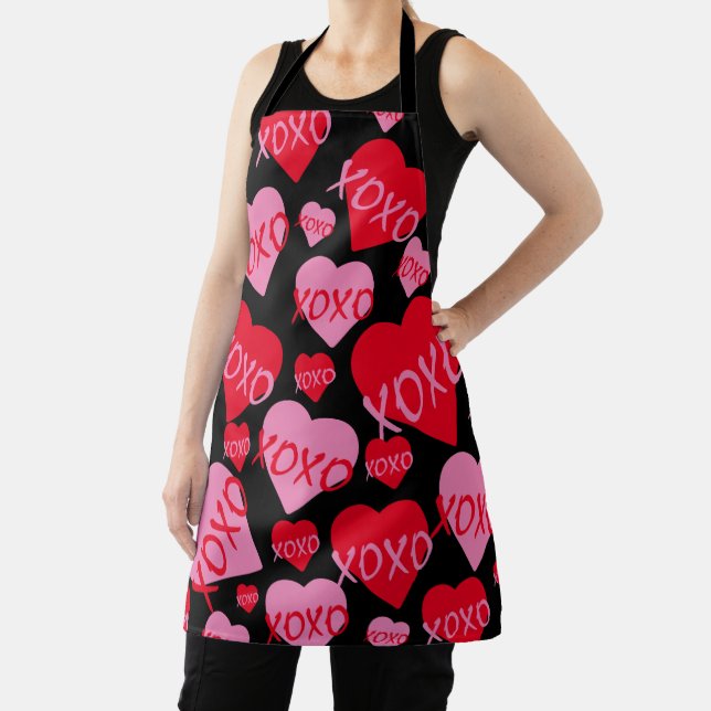 Valentine XOXO Heart Pink Red Pattern Modern Black Apron (Insitu)