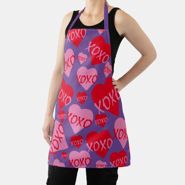 Valentine XOXO Heart Pink Red Pattern Purple Apron (Insitu)