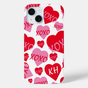 Valentine XOXO Heart Pink Red Pattern White Name iPhone 15 Case