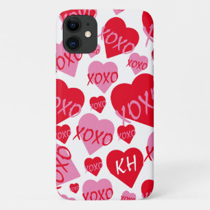 Valentine XOXO Heart Pink Red Pattern White Name iPhone 11 Case