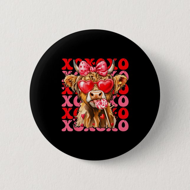 Valentine Xoxo Highland Cow Cute Coquette Bow West 6 Cm Round Badge (Front)