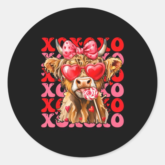 Valentine Xoxo Highland Cow Cute Coquette Bow West Classic Round Sticker (Front)