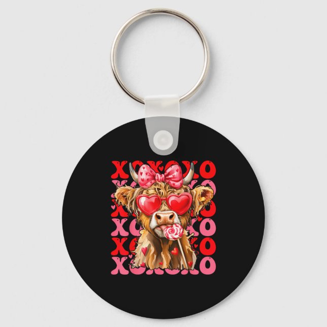 Valentine Xoxo Highland Cow Cute Coquette Bow West Key Ring (Front)