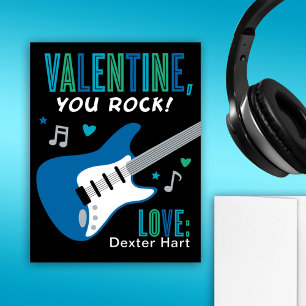 Valentine You Rock Blue Guitar Kids Valentines Day Holiday Card