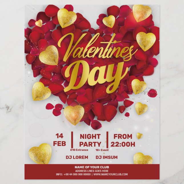Valentines 3D Golden & Red Hearts Party Flyer (Front)