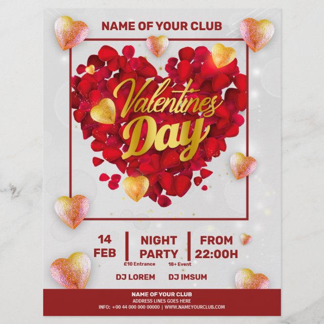Valentines 3D Golden & Red Hearts Square Party Flyer (Front)