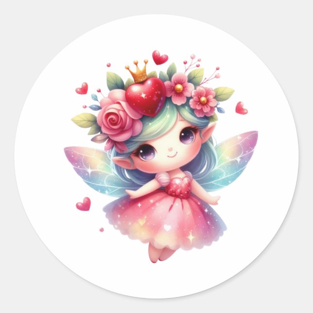 Valentines Adorable Fairy Classic Round Sticker (Front)