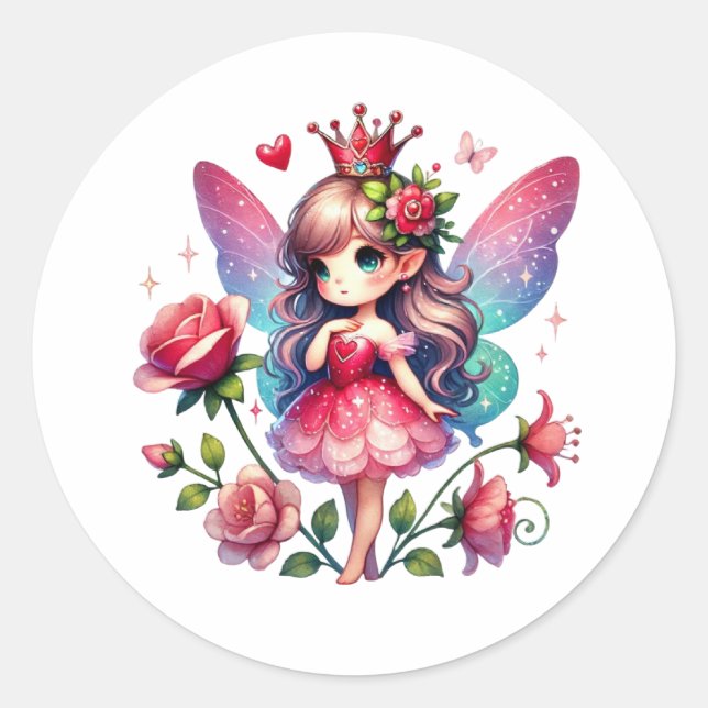 Valentines Adorable Fairy Classic Round Sticker (Front)