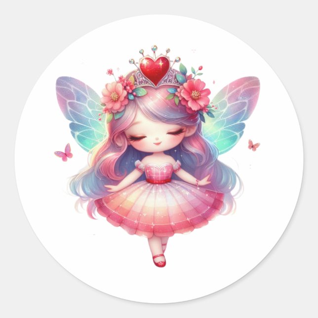 Valentines Adorable Fairy Classic Round Sticker (Front)