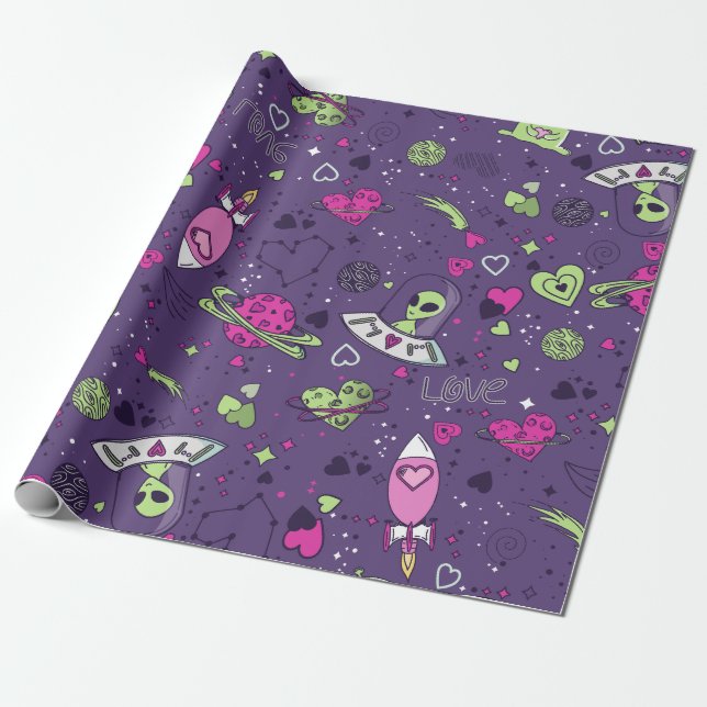 valentines alien love ufo spaceship purple wrapping paper (Unrolled)