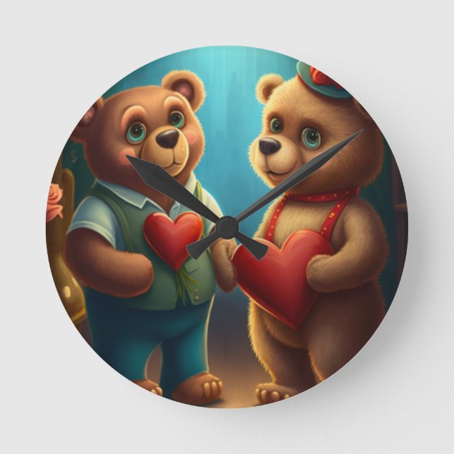 Valentine's bear cartoon custom round clock (Front)