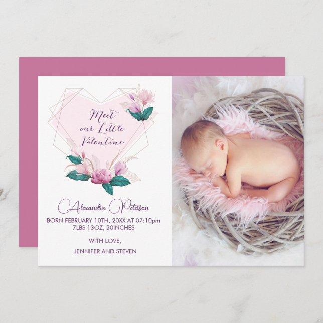 Valentines birth announcement card Elegant Flower (Front/Back)