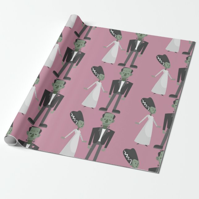 valentines bride frankenstein monster creepy spook wrapping paper (Unrolled)