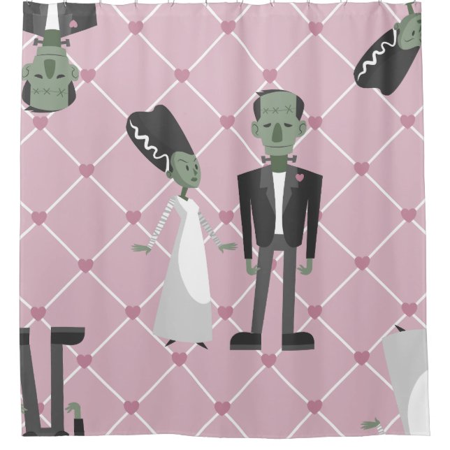 valentines bride frankenstein monster pink hearts shower curtain (Front)