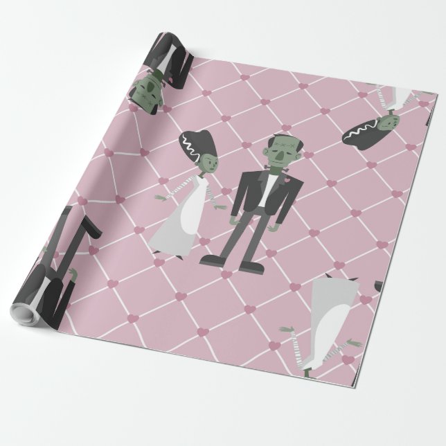 valentines bride frankenstein monster pink hearts wrapping paper (Unrolled)