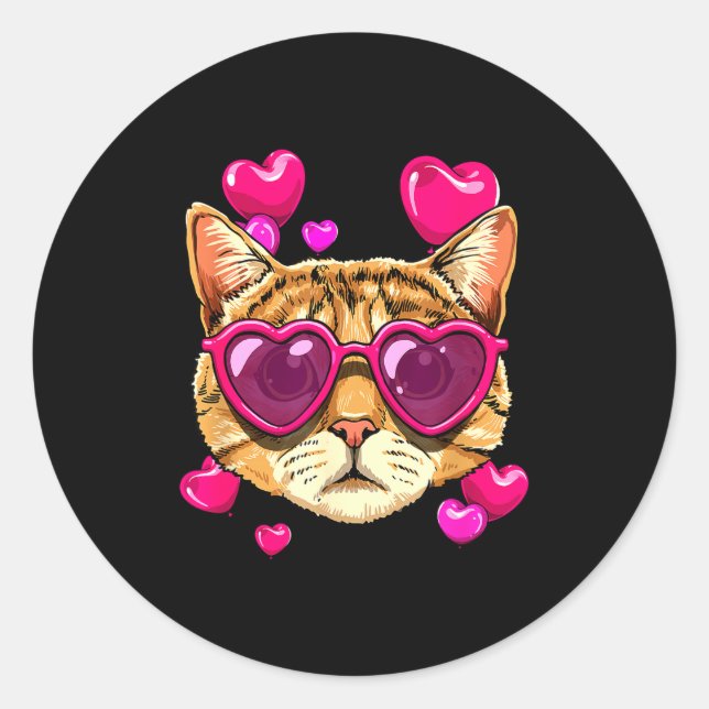 Valentines Ca Kitten Wearing Sungl Heart Cat Lover Classic Round Sticker (Front)