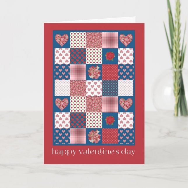 Valentine's Card, Hearts, Roses, Faux-patchwork Holiday Card (Front)