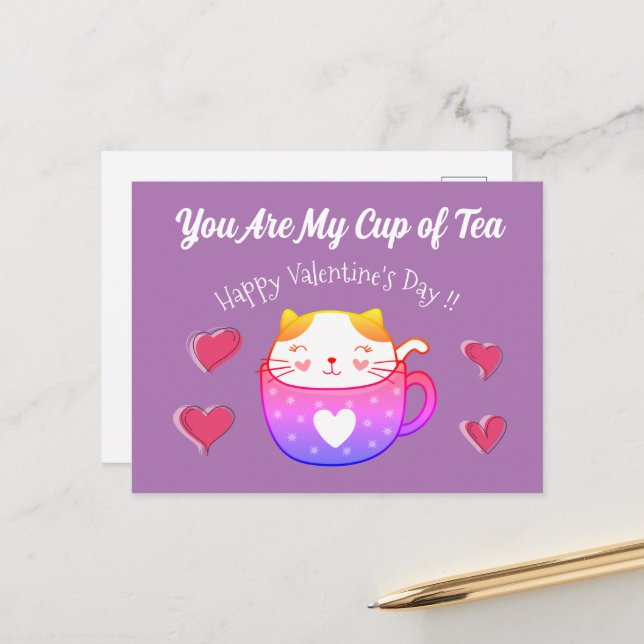 Valentine's Card with a cat inside a tea cup (Front/Back In Situ)