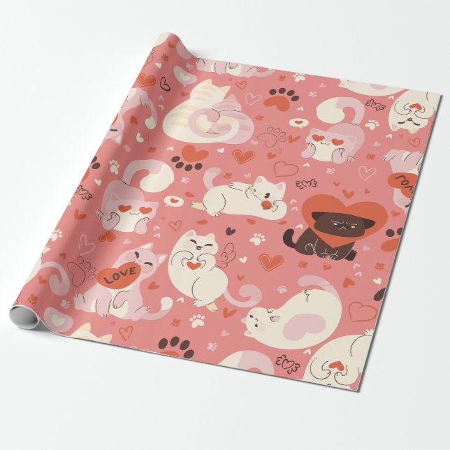valentines cat heart cute paws whimsical adorable wrapping paper (Unrolled)