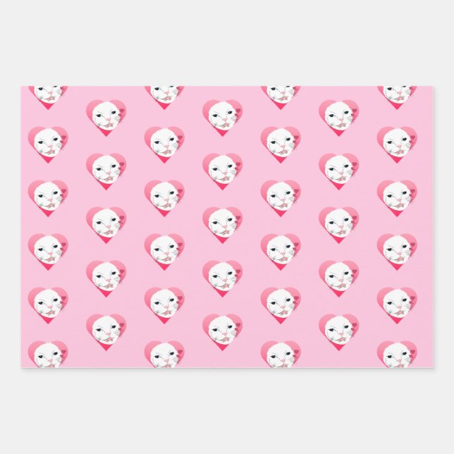 Valentine's Cat Heart Illustration Wrapping Paper Sheet (Front)