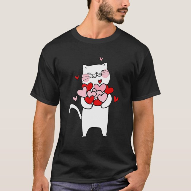 Valentine's Cat Holding Hearts Cat Lover Cat Owner T-Shirt (Front)