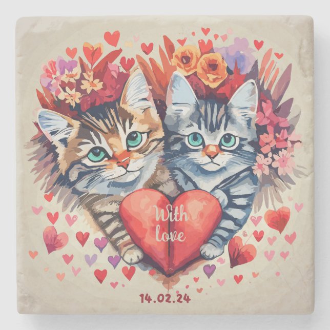 Valentines cats with heart stone coaster (Front)