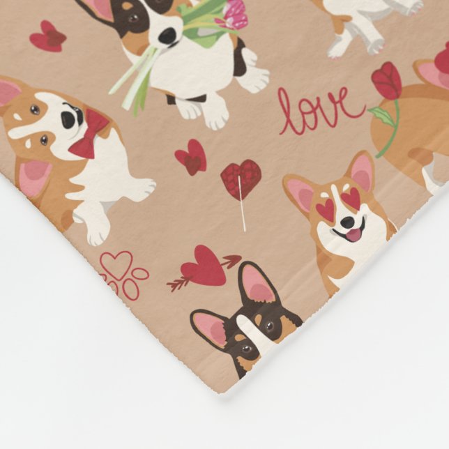 Valentines Corgi Love Pattern Cosy Fleece Blanket (Corner)