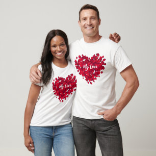 Valentine's Couple Custom Heart Rose Petals White T-Shirt
