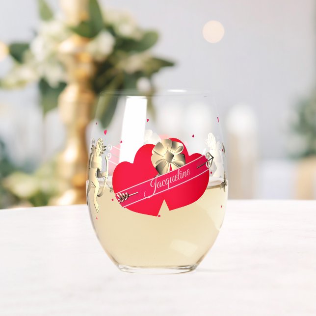 Valentine's Cupid & Hearts  Stemless Wine Glass (Insitu (Wedding))