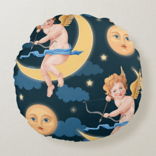 Valentine's cupid, moon: seamless pattern round cushion