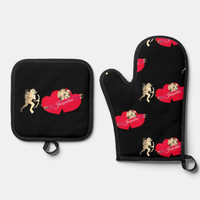 Valentine's Cupid w/Hearts  Oven Mitt & Pot Holder Set (Front)