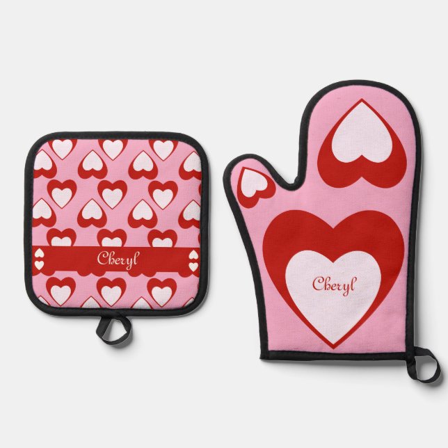 Valentines Customisable Names or Other Text Oven Mitt & Pot Holder Set (Front)