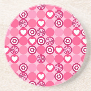 Valentines Cute Pink Heart and Flower Dots Pattern Coaster
