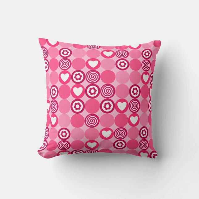 Valentines Cute Pink Heart and Flower Dots Pattern Cushion (Front)