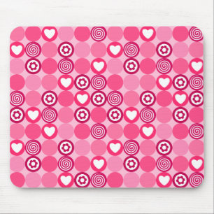 Valentines Cute Pink Heart and Flower Dots Pattern Mouse Pad
